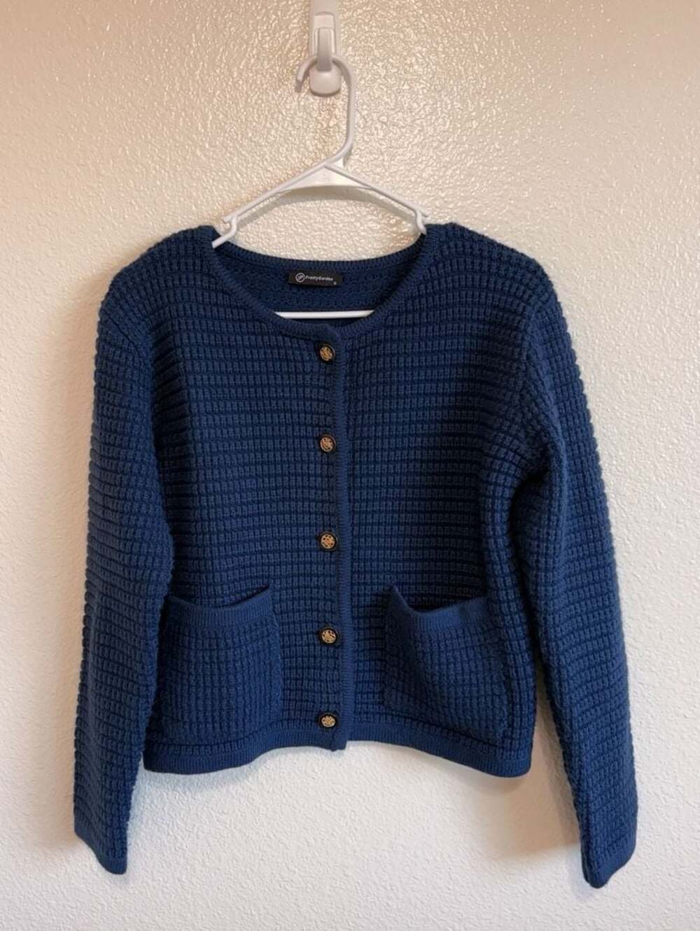 PrettyGarden Blue Waffle Knit Button Down Cardigan Sweater